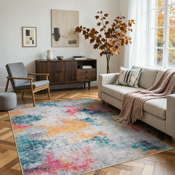 RUG ROBOT Abstract Living Room Rug 5'x7', Soft Washable Area Rugs for Bedroom Non Slip, Ultra-Thin Low Pile Modern Indoor Carpet for Dining Room, Ivory/Blue