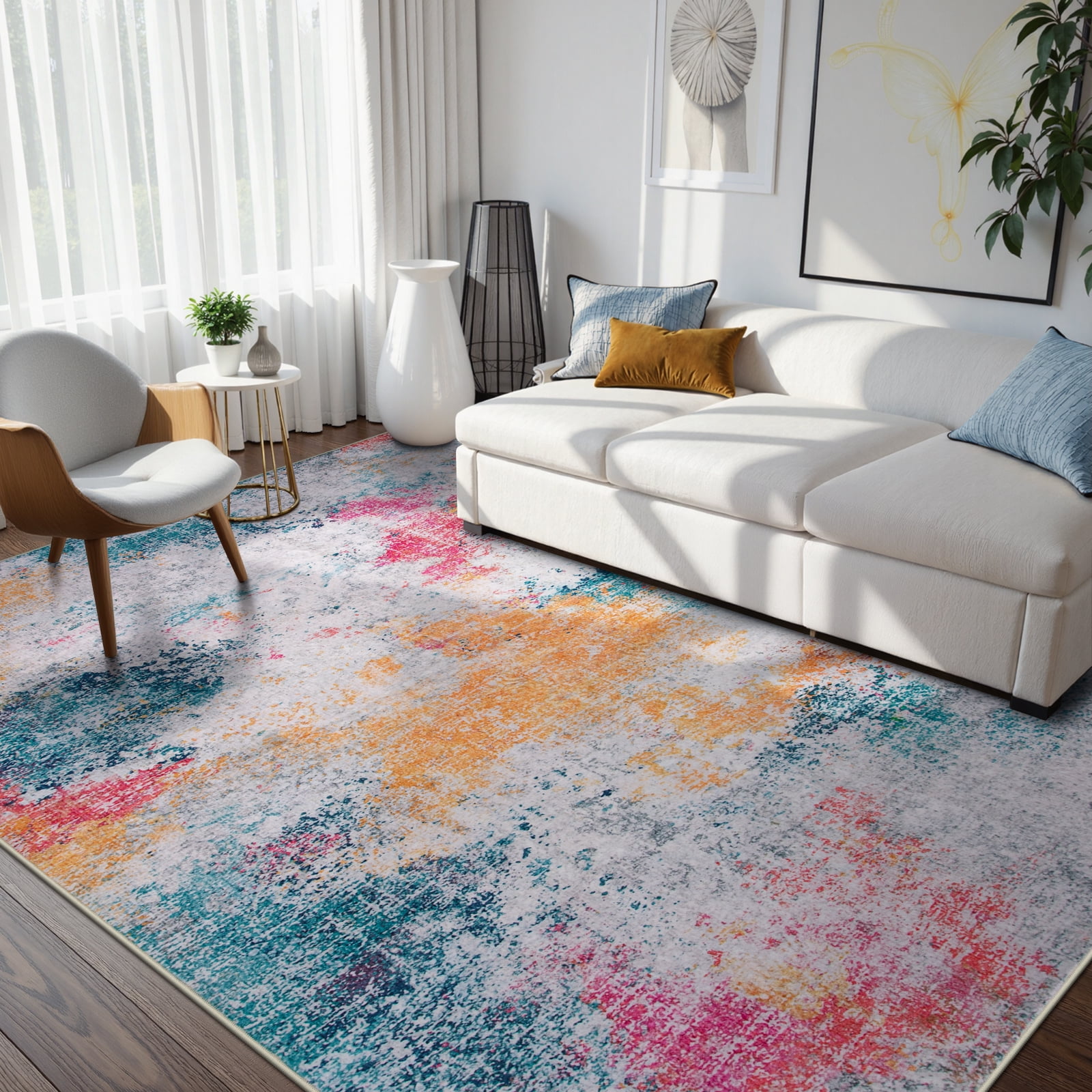 RUG ROBOT Abstract 6'x9' Area Rugs for Living Room, Washable Bedroom Rug Non-Slip, multi color area rug，Soft Modern Large Accent Carpet Throw Rug for Kitchen Dining Room Home Office, Ivory/Blue