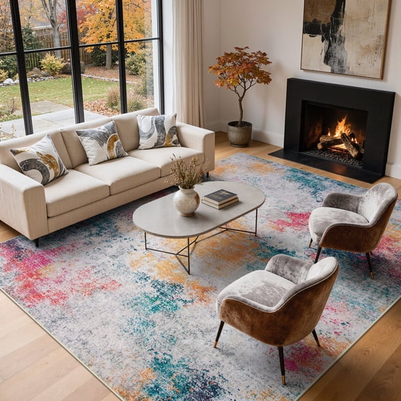 RUG ROBOT Living Room Rug 9'x12', Soft Washable Area Rugs for Bedroom Non Slip, Abstract Ultra Thin Low Pile Modern Large Carpet for Dining Room Office Kitchen, Ivory/Blue