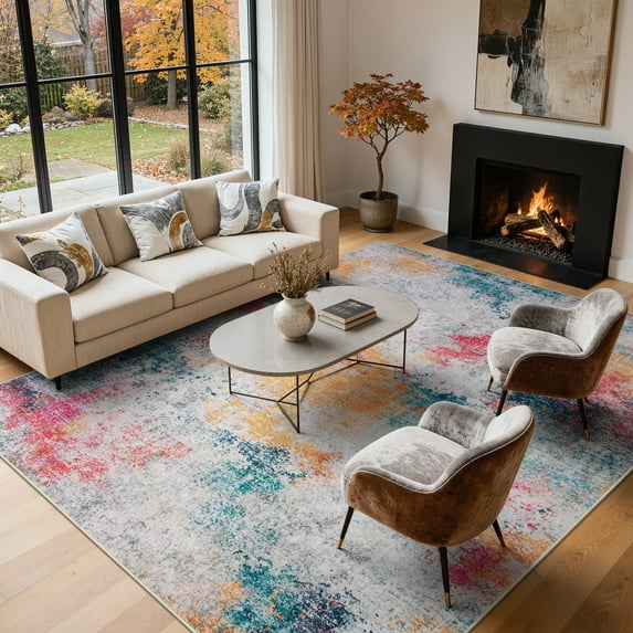 RUG ROBOT Abstract Living Room Rug 9'x12', Soft Washable Area Rugs for Bedroom Non Slip, Ultra Thin Low Pile Modern Large Carpet for Dining Room Office Kitchen, Ivory/Blue