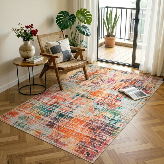 RUG ROBOT Abstract Living Room Rug 4'x6', Soft Modern Washable Area Rugs for Bedroom Non Slip, Ultra Thin Foldable Low Pile Carpet for Dining Room Kitchen Bathroom Office, Multi Color