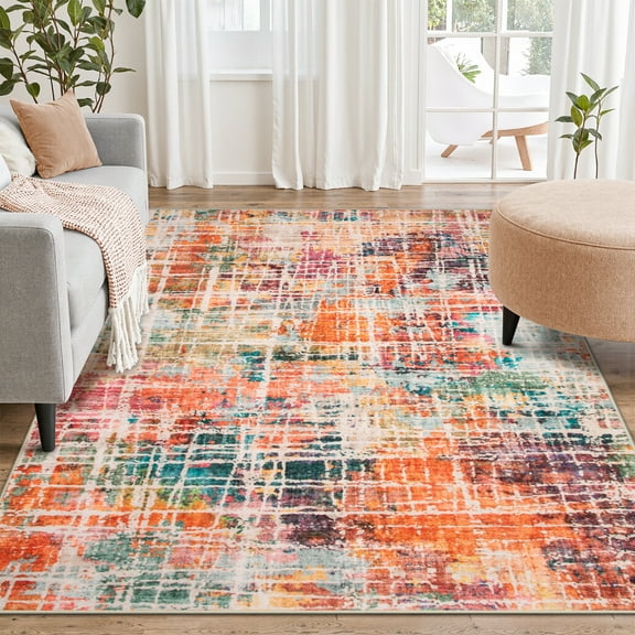 RUG ROBOT Abstract Living Room Rug 5'x7', Soft Washable Area Rugs for Bedroom Non Slip, Ultra-Thin Low Pile Modern Indoor Carpet for Dining Room, Multi Color