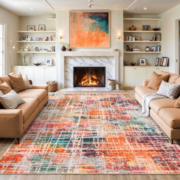 RUG ROBOT Washable Area Rugs for Living Room 8'x10', Soft Large Bedroom Rug Non Slip, Abstract Ultra Thin Low Pile Modern Carpet for Dining Room , Multi Color