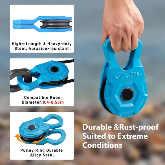 RUGCEL WINCH Snatch Block 12T, Heavy Duty Recovery Winch Pulley Compatible with Synthetic Rope & Steel Cable, E-Coated Blue Finish, for Truck, Tractor, ATV & UTV (12T-Blue)