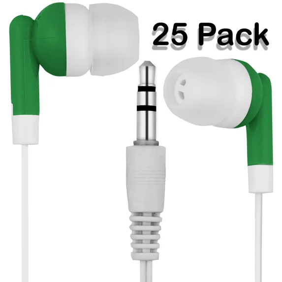 RUGED - Bulk Lot of 25 - GREEN/WHITE - 3.5mm In-Ear Classroom Headphones / Earbuds