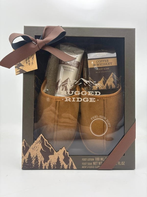 Rugged Ridge Mens 3pc Foot Care Slipper Gift Set with Coffee & Whiskey Foot Cream & Soak