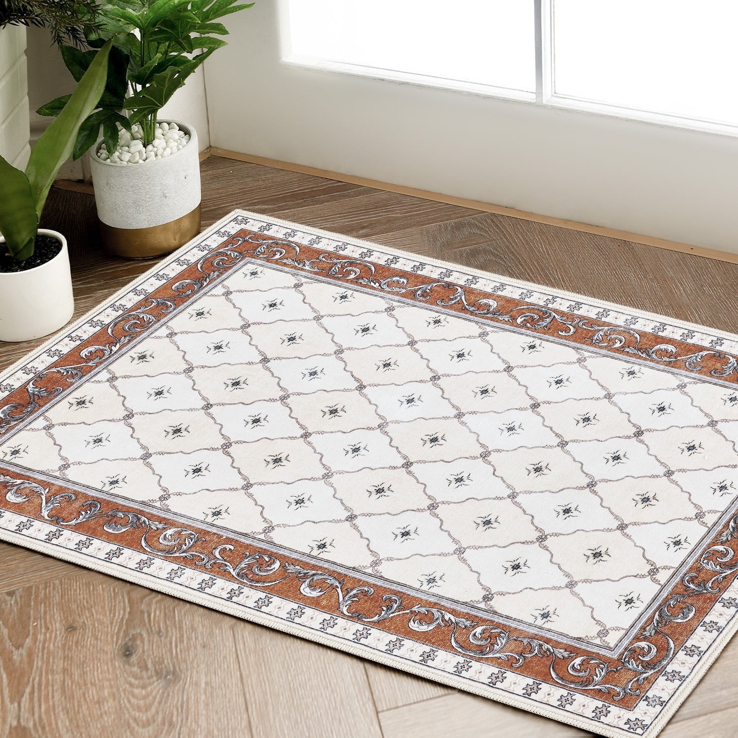 RUGKING 2X3 Area Rug Entryway Orange Multi Vintage Doormat Kitchen Floor Cover Indoor Soft Floral Mat Retro Accent Rug for Bathroom Living Room Bedroom Office Farmhouse