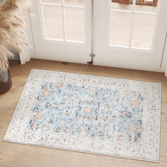 RUGKING 2x3 Entry Rug Small Rug for Entrance Floral Thin Area Rug Blue Vintage Washable Rug Non-Slip Low pile Rug for Living Room Bedroom Kitchen
