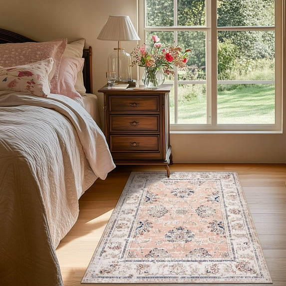 RUGKING 3x5 Area Rugs Vintage Pink Rugs for Bedroom Indoor Floral Print Room Rug Non Slip Mat