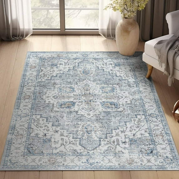 RUGKING 3x5 Entryway Rug Bohemian Non-Slip Washable Indoor Area Rug Persian Oriental Floral Print Accent Rug for Bedroom Dining Room Grey/Blue