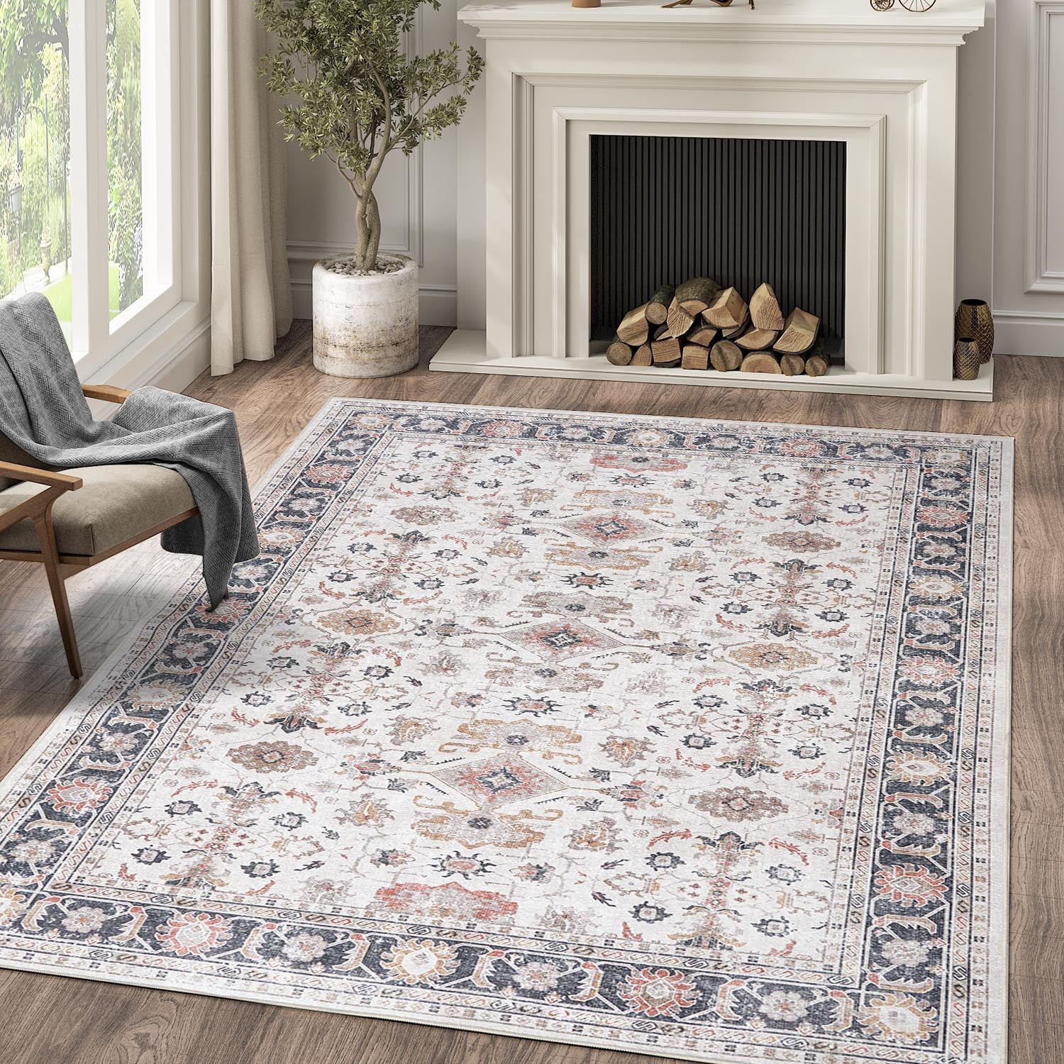 RUGKING 4x6 Taupe Vintage Low-pile Area Rug, Traditional Persian Floral ...