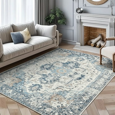 RUGKING 8'x10' Area Rugs for Living Room Bedroom Blue Foldable Non-slip Machine Washable Vintage Indoor Rug