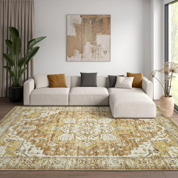 RUGKING 8x10 Area Rugs for Living Room Washable Orental Rug Thin Vintage Carpet for Bedroom Brown