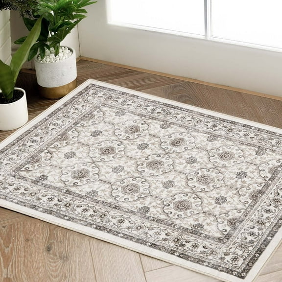 RUGKING Area Rug 2X3 Entryway Persian Rug Indoor Washable Rug Taupe Print Vintage Floral Boho Retro Floor Cover for Farmhouse Kitchen Bedroom