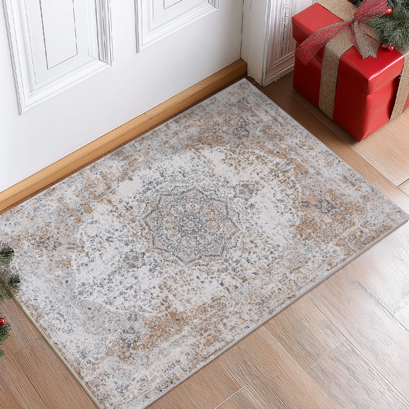 RUGKING Area Rug 2x3 Christmas Door Mat Taupe Rug Floral Printed Distressed Carpet Vintage Traditional Indoor Thin Rug for Entrance Bedroom Living Room
