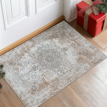 RUGKING Area Rug 2x3 Christmas Door Mat Taupe Rug Floral Printed Distressed Carpet Vintage Traditional Indoor Thin Rug for Entrance Bedroom Living Room