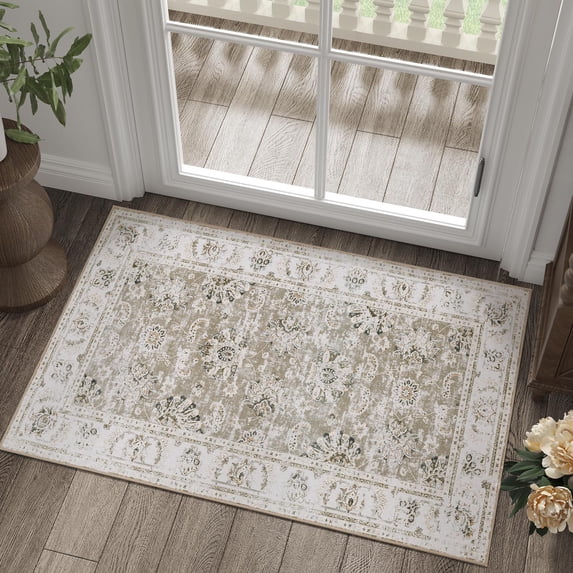 RUGKING Area Rug 2x3 Doormat for Bedroom Indoor Non-Slip Foldable Vintage Rug Floral Rug for Entryway Taupe