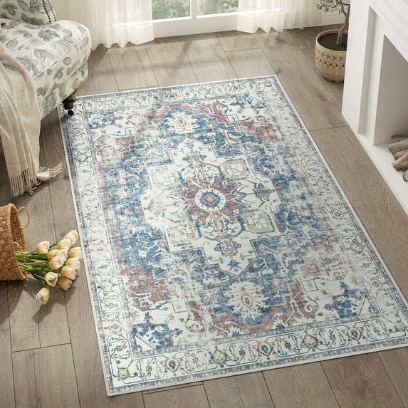 RUGKING Area Rug 3x5 Indoor Vintage Navy Blue Print Carpet Distressed Chenille Thin Rug Foldable Non Slip Accent Rug for Dining Room