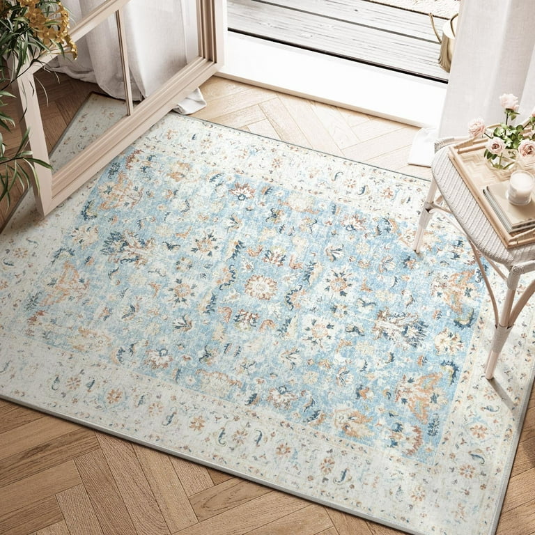 RUGKING Vintage 3x5 Area Rug Blue Floral Print Accent Rug Foldable Retro  Non-Slip Indoor Rug for Kitchen Bathroom Bedroom Living Room 