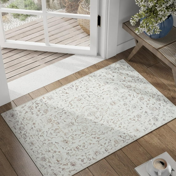 RUGKING Area Rug 3x5, Orange Distressed Vintage Floral Print Foldable Rugs, Non Slip Low Pile Accent Rug for Dining Room Bedroom