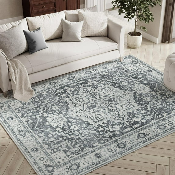 RUGKING Area Rug 3x5 Persian Rug Washable Vintage Mat Indoor Non-slip Carpet Grey Low pile Accent Rug for Kitchen Living Room Bedroom Dining Room