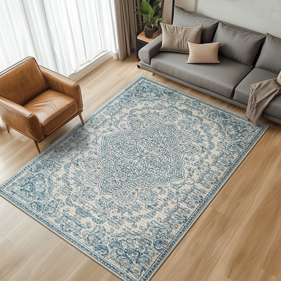 RUGKING Area Rug 4X6 Indoor Retro Floor Decor Carpet Washable Orental Rug for Living Room Bedroom Hallway Lake Blue