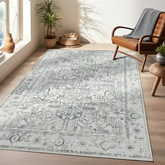 RUGKING Area Rug 4x6 Washable Persian Rug Bedroom Vintage Floor Cover Boho Area Rug Non Slip Accent Carpet Low pile Retro Floral Print Rug for Living Room Kitchen Grey
