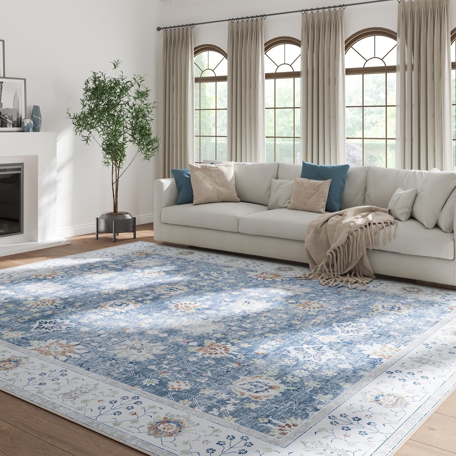 Blue and White Floral Synthetic Non-Slip Washable Area Rug 5' x 7'