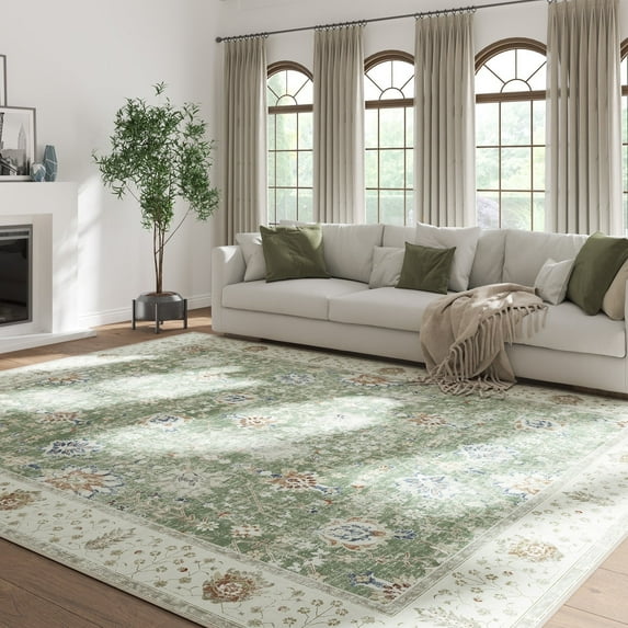 RUGKING Area Rug 5'x7' Floral Printed Green Indoor Accent Mat with Non-slip backing Vintage Chenille Decor Rugs for Living Room Bedroom Dining Room