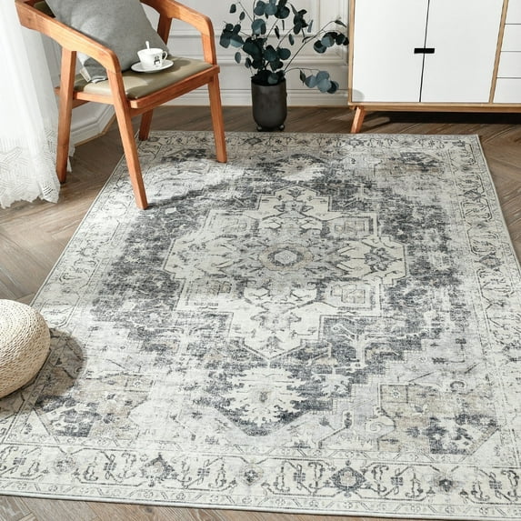 RUGKING Area Rug 5x7 Gray Traditional Carpet Foldable Oriental Medallion Pattern Non Slip Indoor Thin Rug for Living Room Bedroom