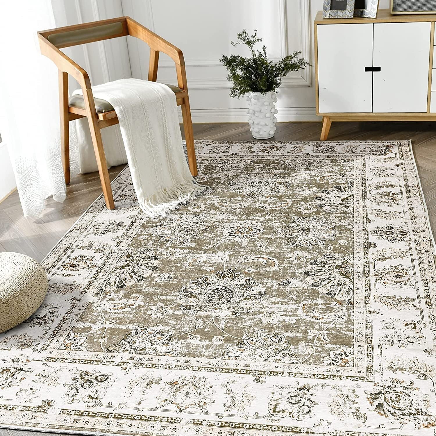 RUGKING Area Rug 5x7 Living Room Taupe Rug Floor Indoor Floral Print