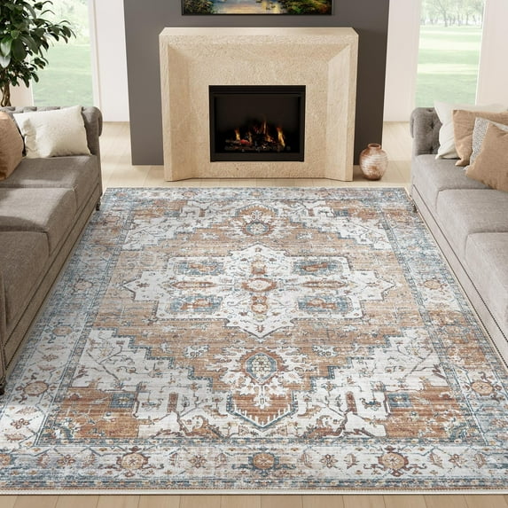 RUGKING Area Rug 5x7 Persian Rug Bohemian Indoor Floor Cover Washable Thin Soft Rug Chenille Floral Print Living Room Bedroom Dining Room Orange/Blue