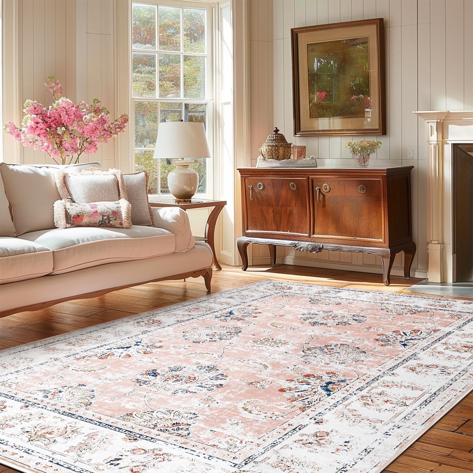 RUGKING Area Rug 5x7 Pink Foldable Oriental Rug Vintage Traditional Carpet Distressed Christmas Rugs for Living Room Bedroom Dining room