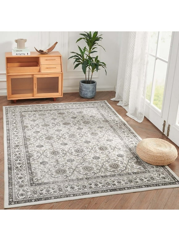 RUGKING Area Rug 6X9 Persian Rug Vintage Indoor Thin Rug Soft Door Mat Taupe Print Overdyed Boho Retro Cover for Farmhouse Washable Kitchen Bedroom