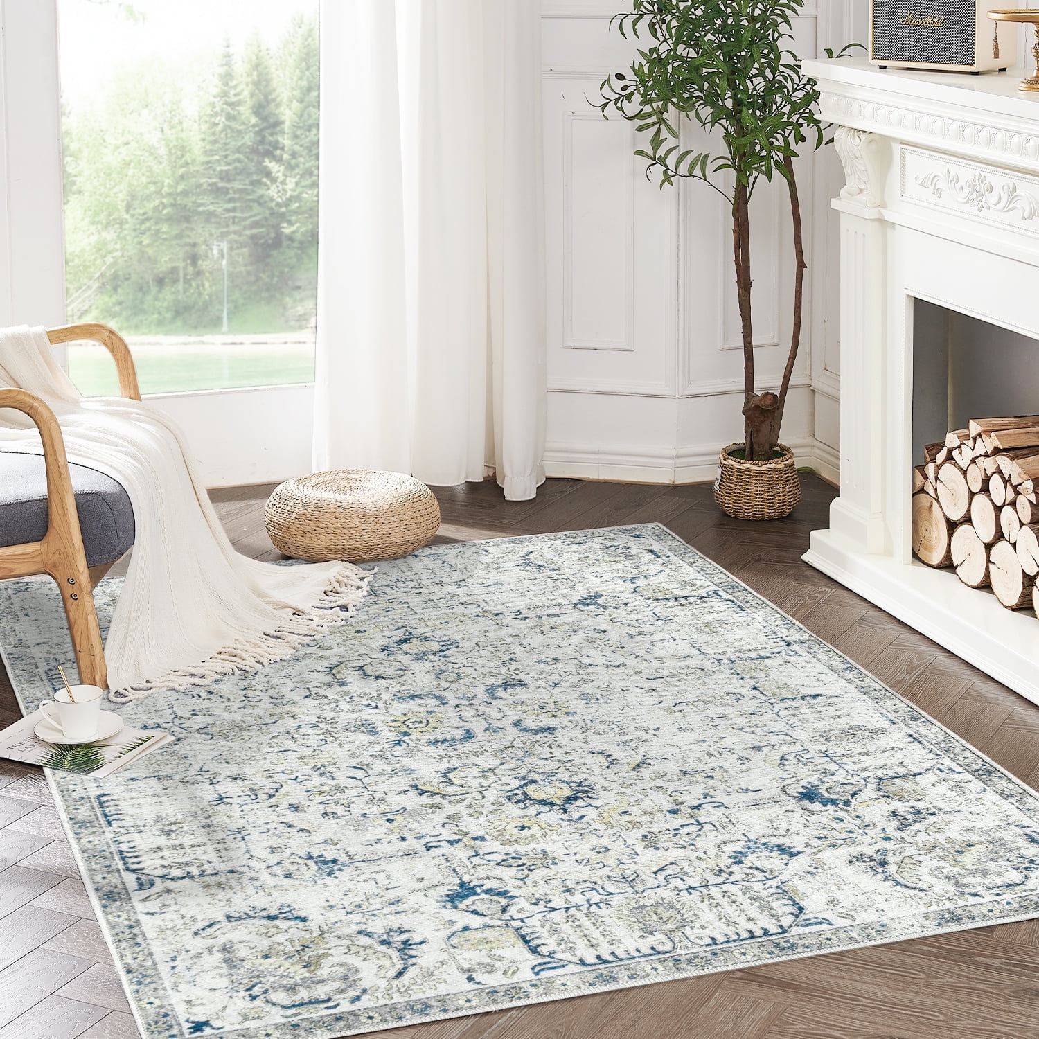 RUGKING Traditional Area Rug 5x7 Gray Multi Flodable Floral Print  Distressed Non Slip Indoor Rug for Living Room Bathroom Kitchen Bedroom 