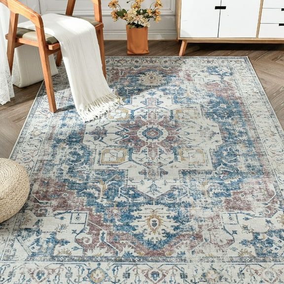 RUGKING Area Rug 6x9 Traditional Carpet Navy Blue Foldable Oriental Medallion Pattern Non Slip Indoor Thin Rug for Living Room Bedroom