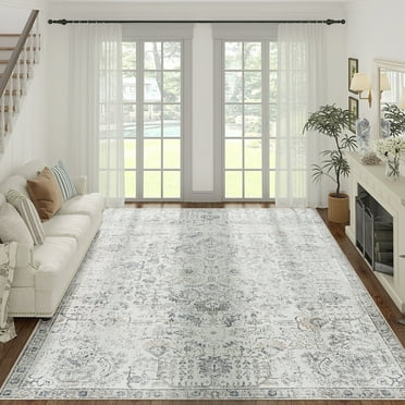 RUGKING Area Rug 8x10 Gray Multi Vintage Rug Flodable Thin Rug Retro Distressed Carpet Floral Print Boho Rug for Kitchen Bedroom Living Room Dining Room