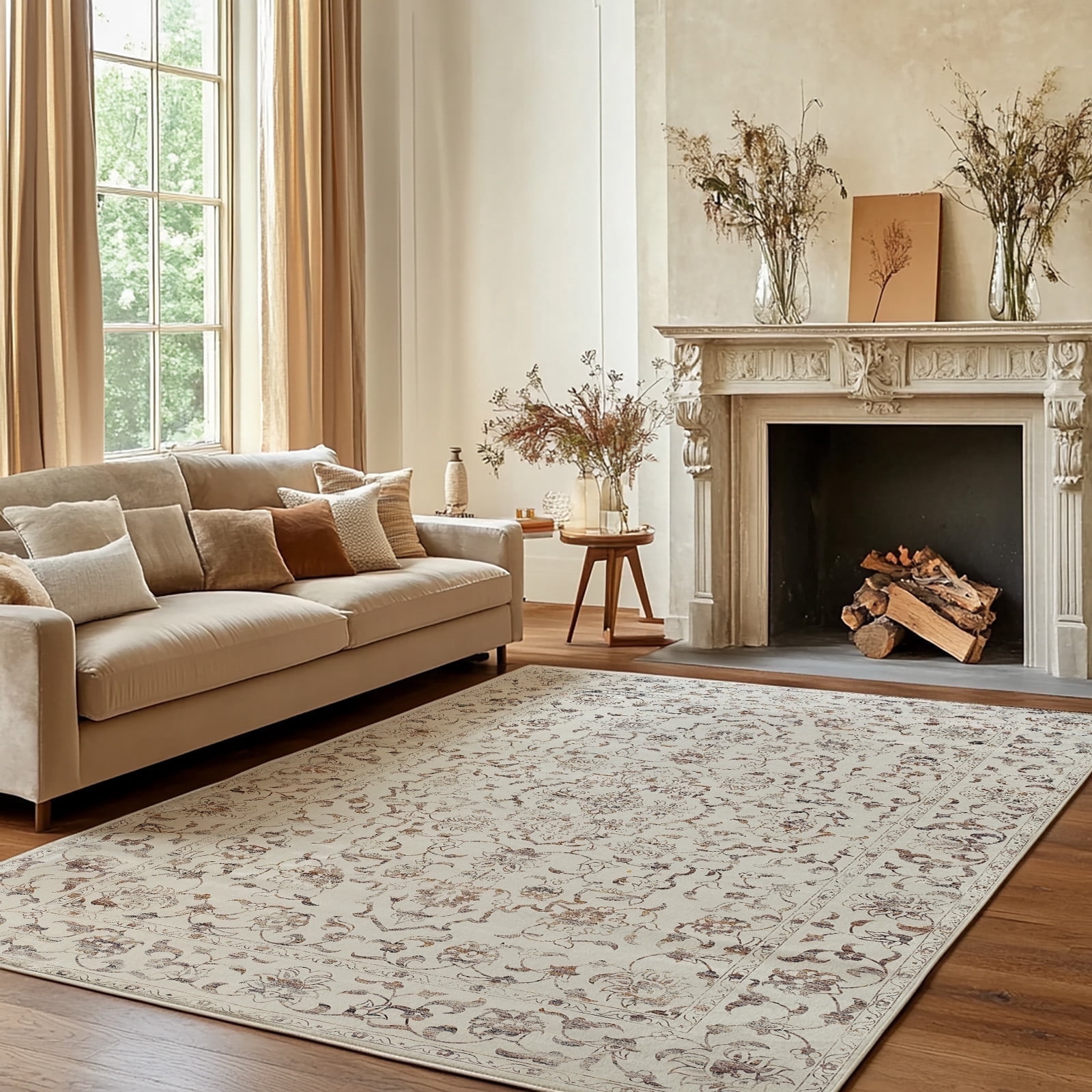 RUGKING Area Rug for Living Room 5x7, Orange Distressed Vintage Floral Print Foldable Rugs, Non Slip Low Pile Accent Rug for Dining Room Bedroom