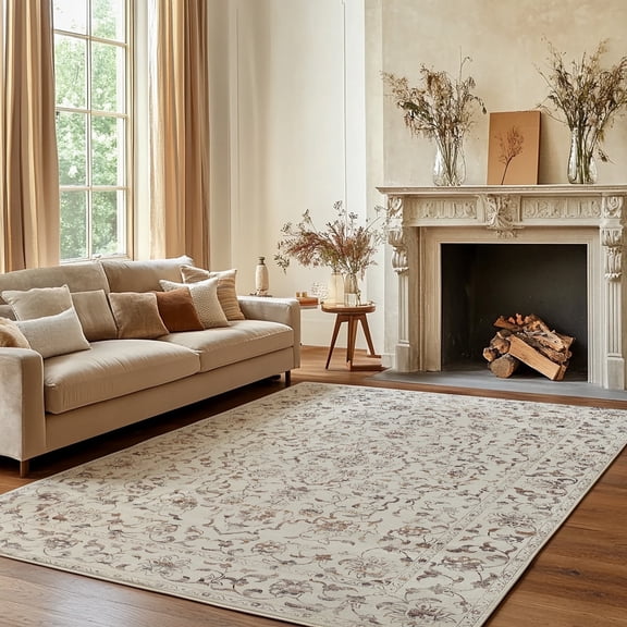 RUGKING Area Rug for Living Room 5x7, Orange Distressed Vintage Floral Print Foldable Rugs, Non Slip Low Pile Accent Rug for Dining Room Bedroom