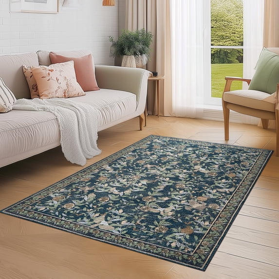 RUGKING Area Rugs For Living Room 4X6 Washable Oriental Rug Floral Print Mat Thin Traditional Carpet For Bedroom Hallway Kitchen Dark Green