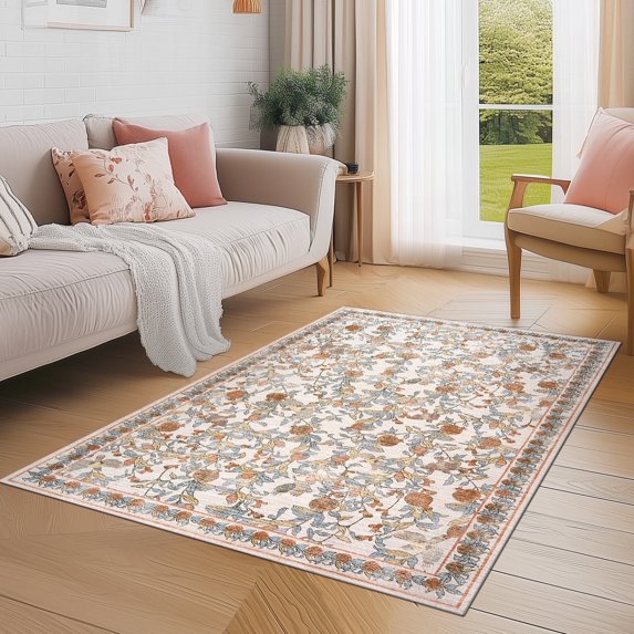 RUGKING Area Rugs For Living Room 4X6 Washable Oriental Rug Floral Print Mat Thin Traditional Carpet For Bedroom Hallway Kitchen Taupe/Red