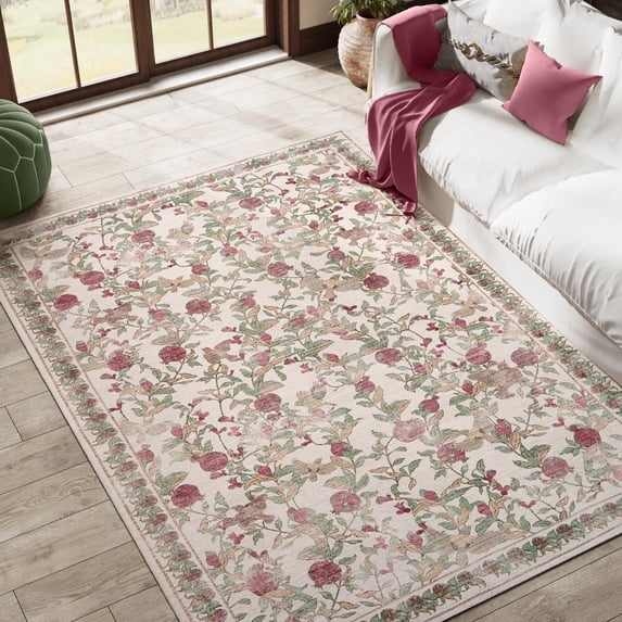 RUGKING Area Rugs For Living Room 5X7 Washable Oriental Rug Floral Print Mat Thin Traditional Carpet For Bedroom Hallway Kitchen Red/Green