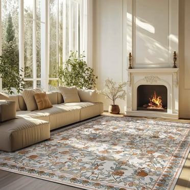 RUGKING Area Rugs For Living Room 8X10 Washable Oriental Rug Floral Print Mat Thin Traditional Carpet For Bedroom Hallway Kitchen Taupe/Red