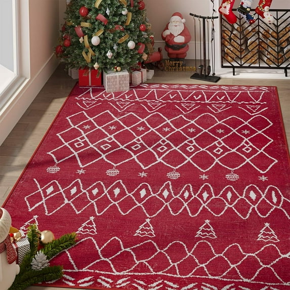 RUGKING Christmas Area Rug 5x7 Moroccan Washable Modern Geometric Non Slip Accent Thin Contemporary Soft Carpet for Living Room Bedroom Red