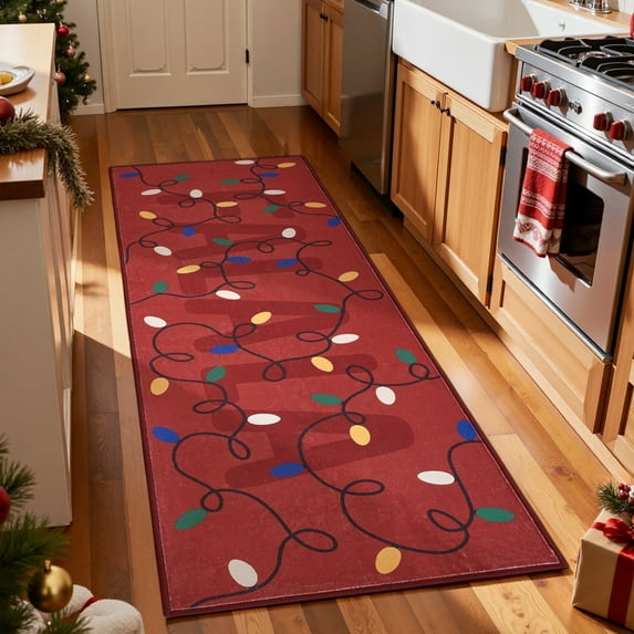 RUGKING Christmas Runner Rug for Kitchen Red 2x6 Holiday Decor for Bathroom Hallway Colorful Christmas Lights Printed Washable Xmas Runner for Entryway Laundry Room Bedroom Non-Slip