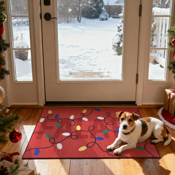 RUGKING Christmas Rug for Kitchen Entryway 2x3 Small Red Holiday Decor for Porch Bathroom Colorful Christmas Lights Printed Xmas Washable Doormat for Bedroom Non Slip