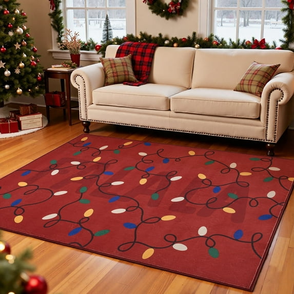 RUGKING Christmas Rug for Living Room Bedroom 4x6 Red Holiday Decorative Rug for Dining Room Foyer Colorful Christmas Lights Printed Xmas Decor Washable Non Slip