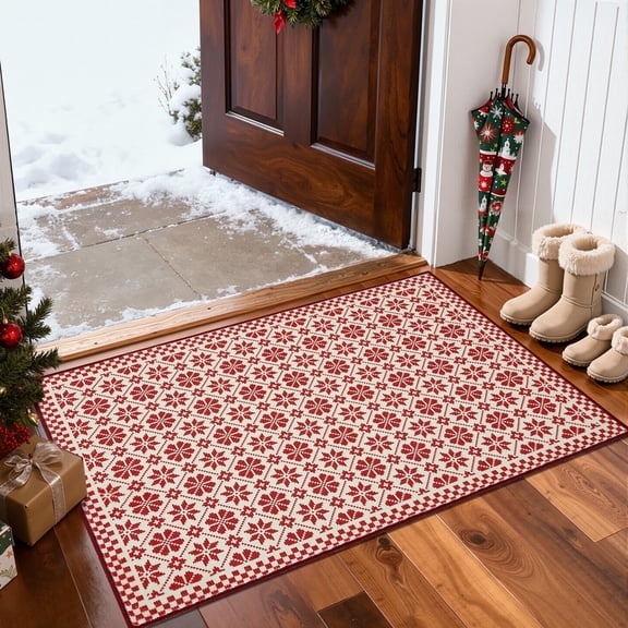 RUGKING Christmas Rug 2x3 Non Slip Washable Small Holiday Rug Snowflake Clover Printed Xmas Decor Doormat for Entryway Kitchen Bedroom Red on Ivory