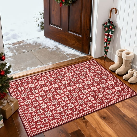 RUGKING Christmas Rug 2x3 Non Slip Washable Small Holiday Rug Snowflake Clover Printed Xmas Decor Doormat for Entryway Kitchen Bedroom Red on Ivory