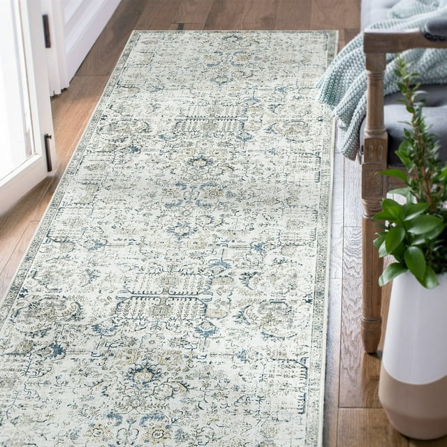 RUGKING Distressed Floral Runner Rug 2x5 Blue Multi Flodable Vintage